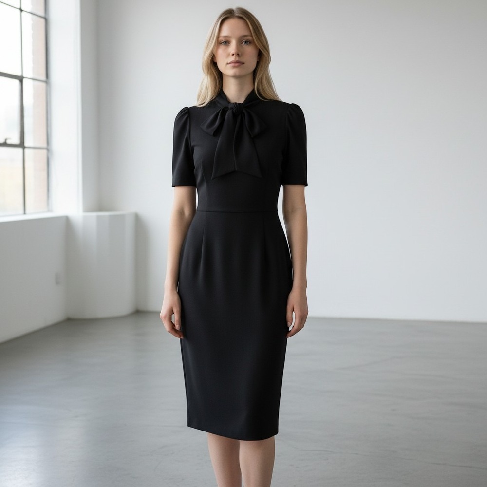 Maggy London Black‎ Tie Neck Sheath Midi Dress Size 4 Cap Sleeve
